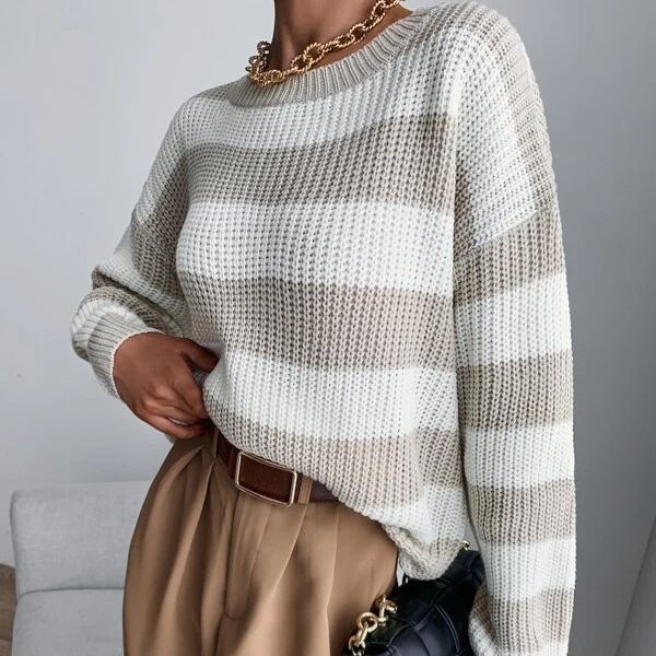 Women's Knitted Striped Sweater - Relaxed Loose Fit