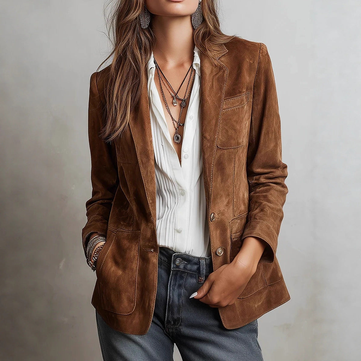 Women's Retro Suede-Effect Jacket – Loose Buttoned Fit
