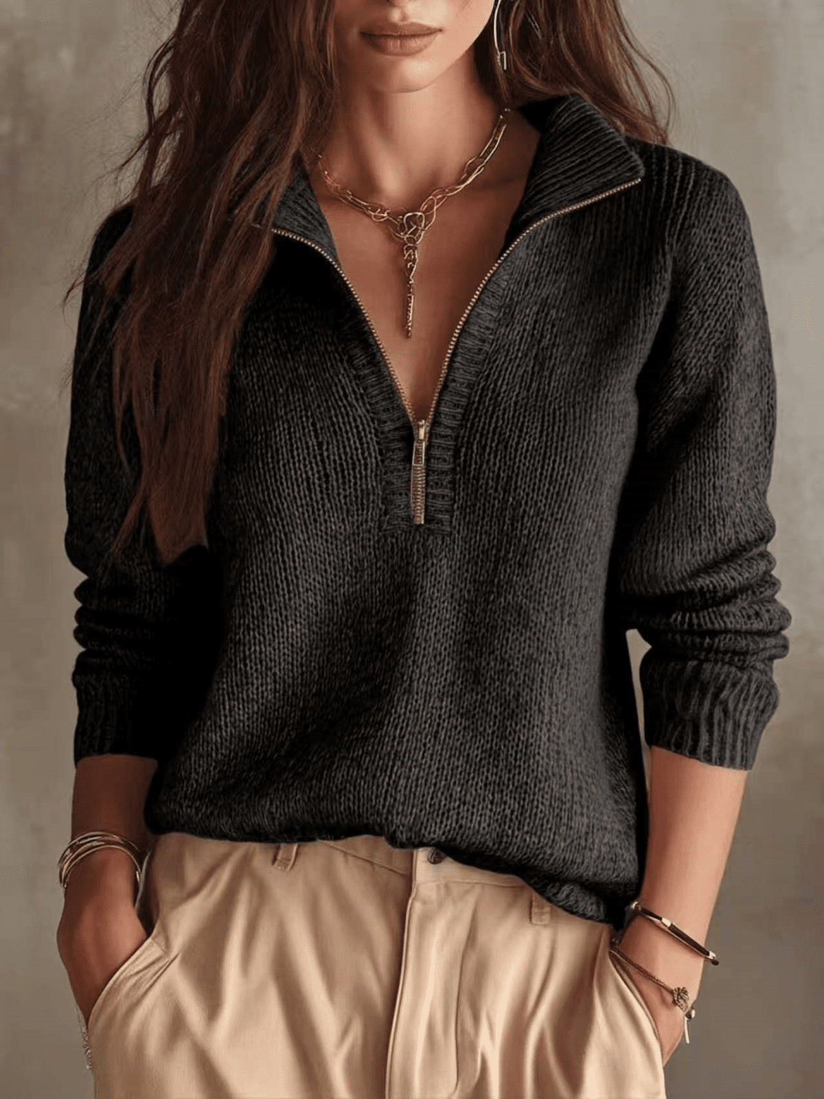 Women's Zip-Up High-Neck Sweater – Casual Knitwear Fit