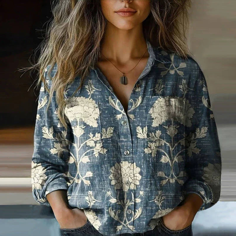 Women's Linen-Style Top – Long Sleeves, Loose Fit, 3D Pattern