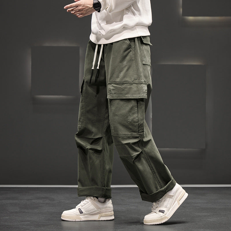 Men's Wide Cargo Pants – Lightweight Textured Fabric with Elastic Waistband