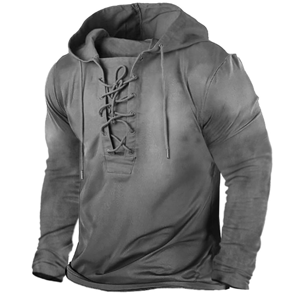 Men's Lace-Up Hooded T-Shirt - Long Sleeves Relaxed Fit