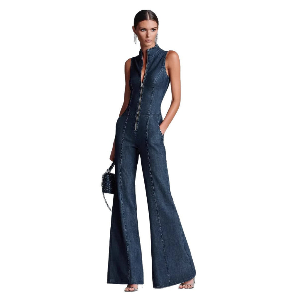 Women's Denim Jumpsuit – Fitted Cut Sleeveless with Stand Collar and Zip