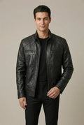 Men's Stand-Collar Jacket – Zipper Closure with Faux-Leather Finish