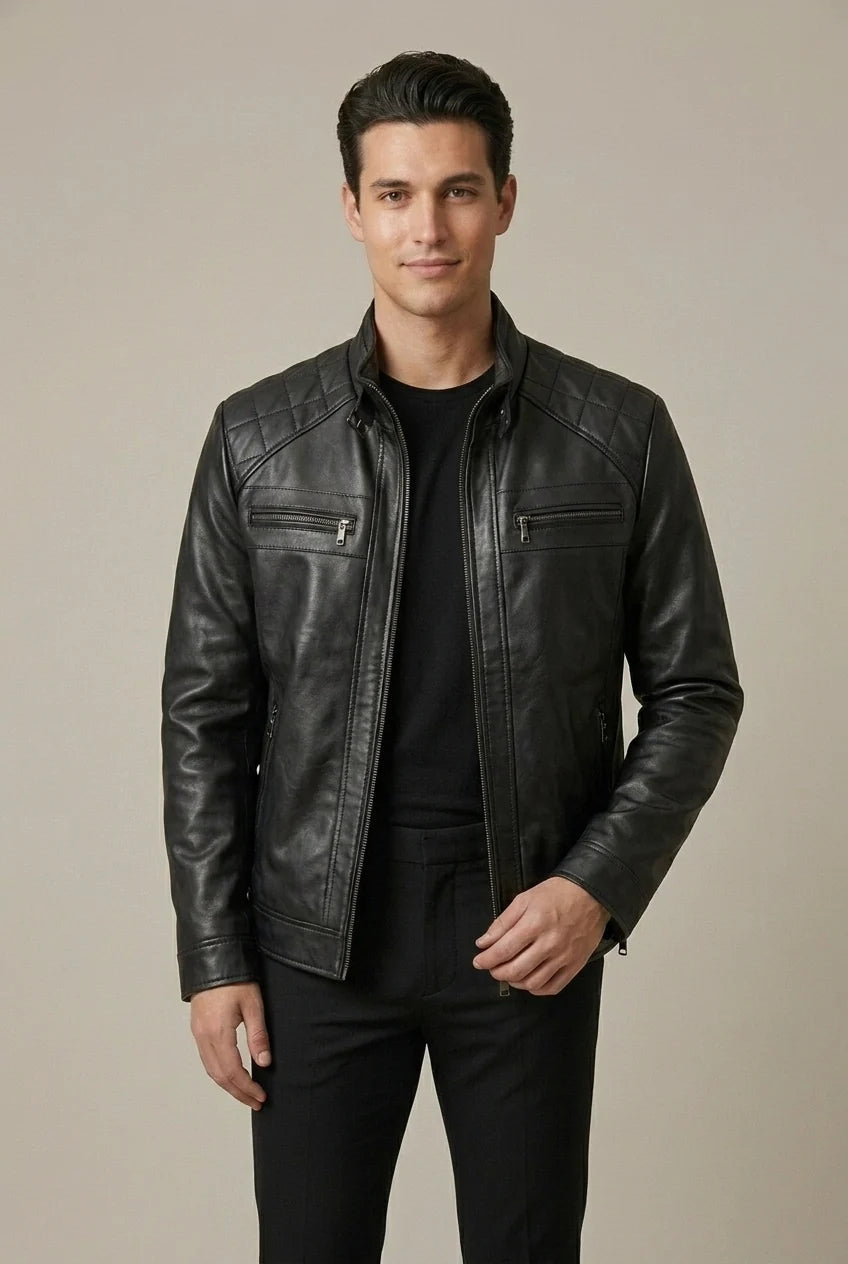 Men's Stand-Collar Jacket – Zipper Closure with Faux-Leather Finish