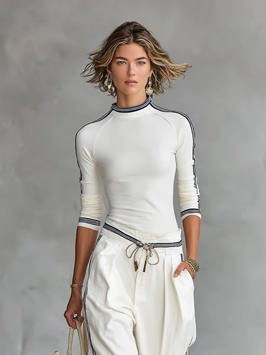 Two-Piece Set for Women – Long-Sleeved Top and Wide-Leg Trousers with Contrasting Details