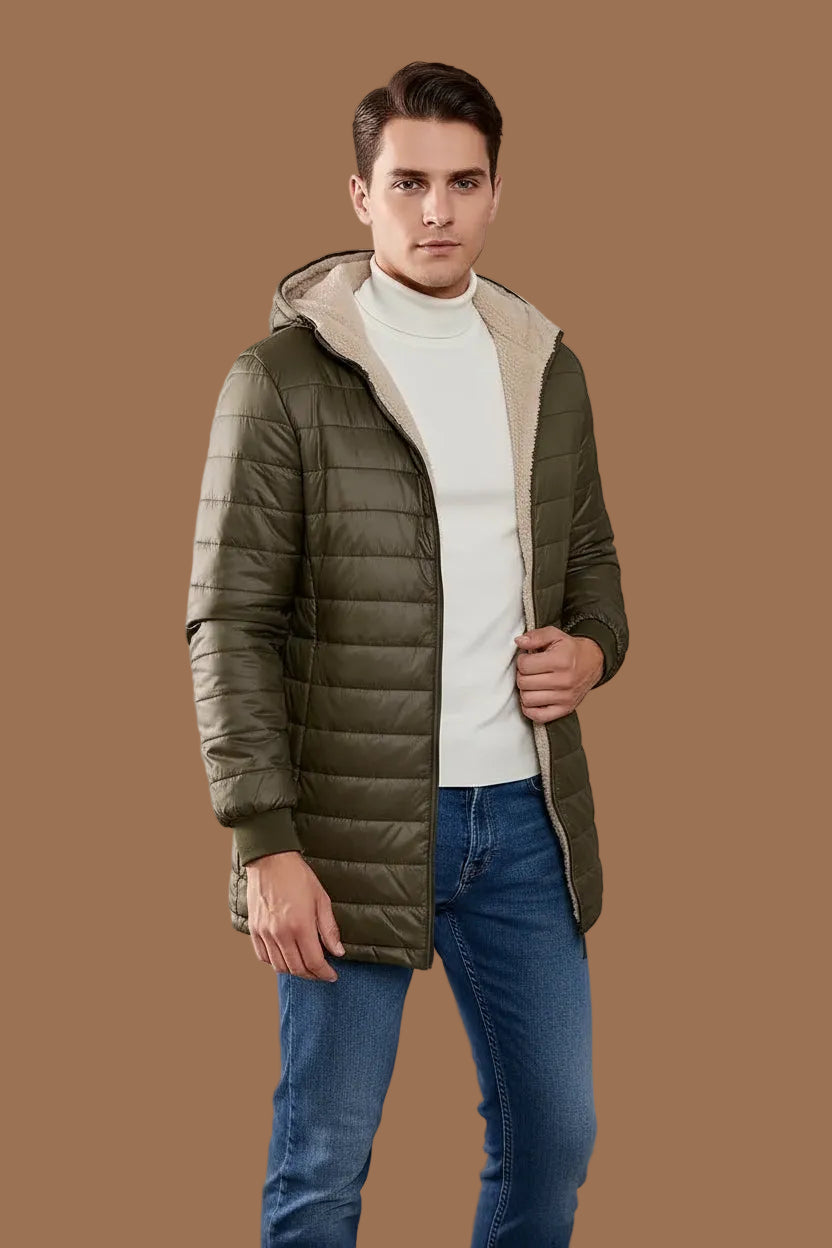 Men's Mid-Length Hooded Quilted Jacket - Fleece Lining