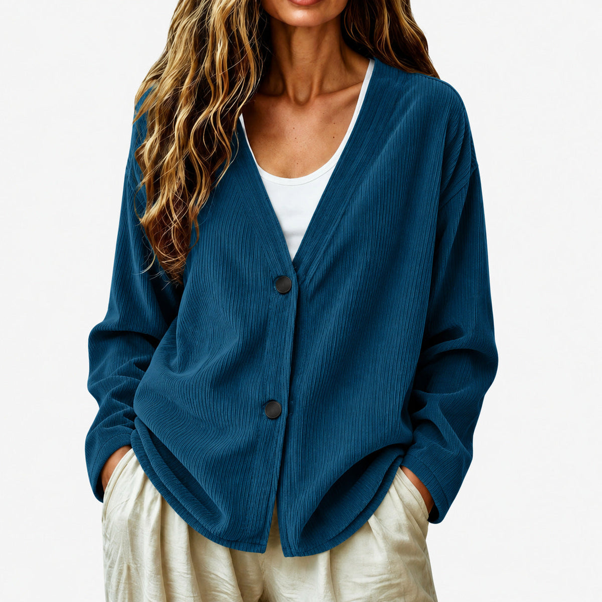 Women's Corduroy-Effect Cardigan – Relaxed Buttoned Fit