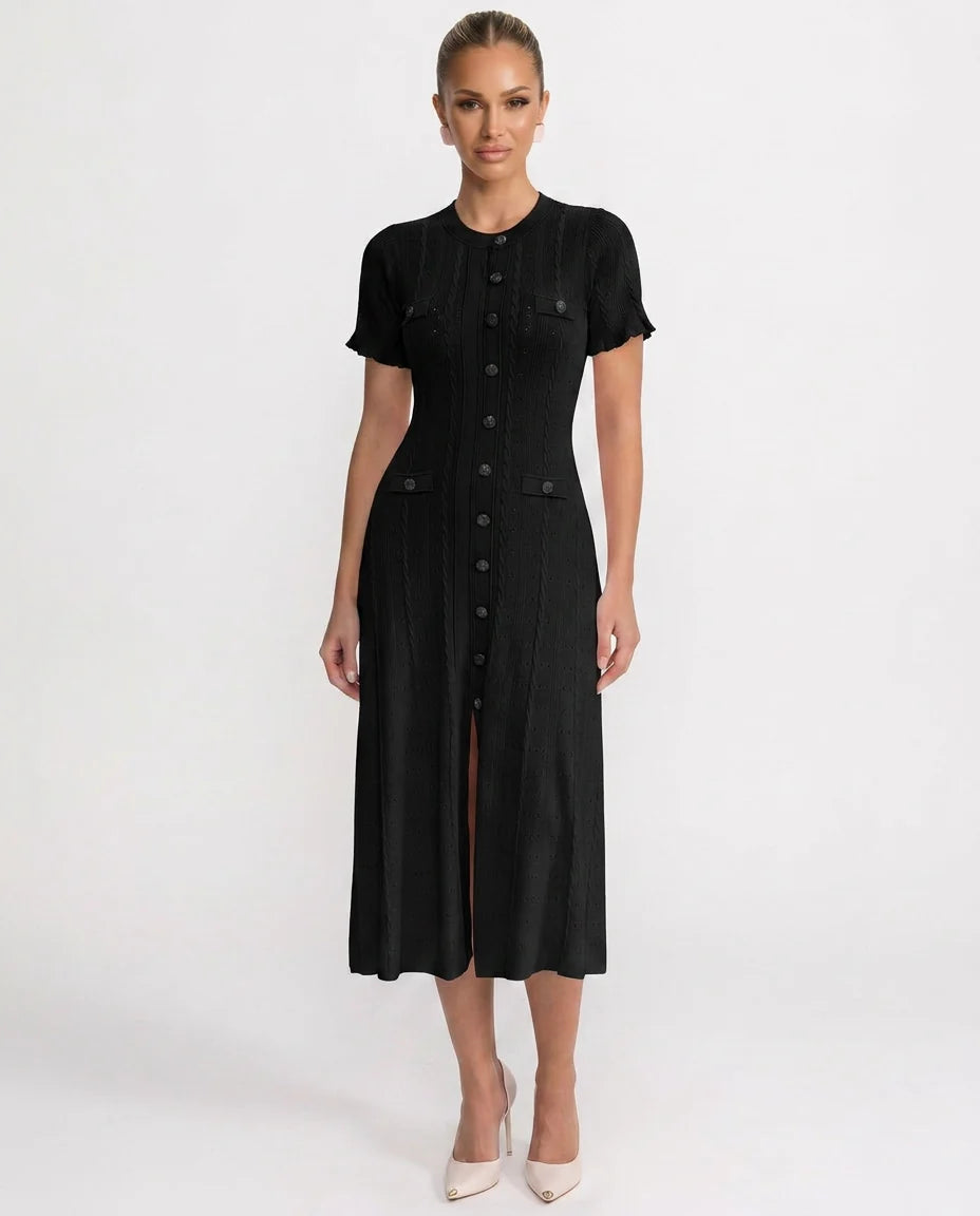 Women's Ribbed Knit Dress – Elegant Button Fastening and Midi Fit