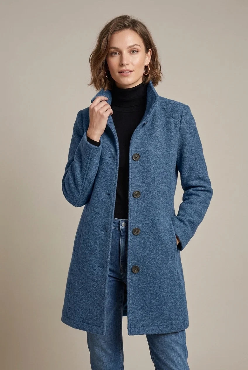 Women's Mid-Length Stand-Collar Coat – Slim Fit with Pockets
