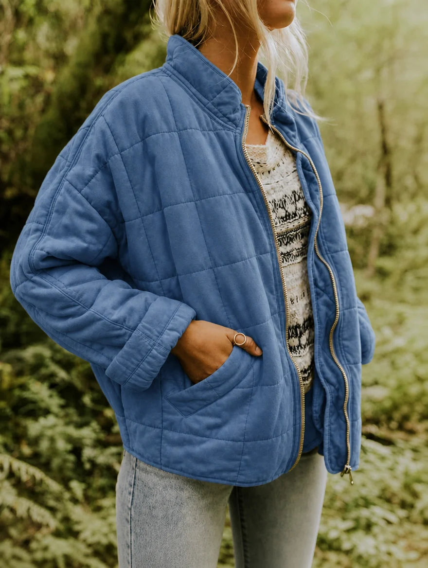 Women's quilted Jacket with Zipper Closure – Stand Collar, Diamond Pattern