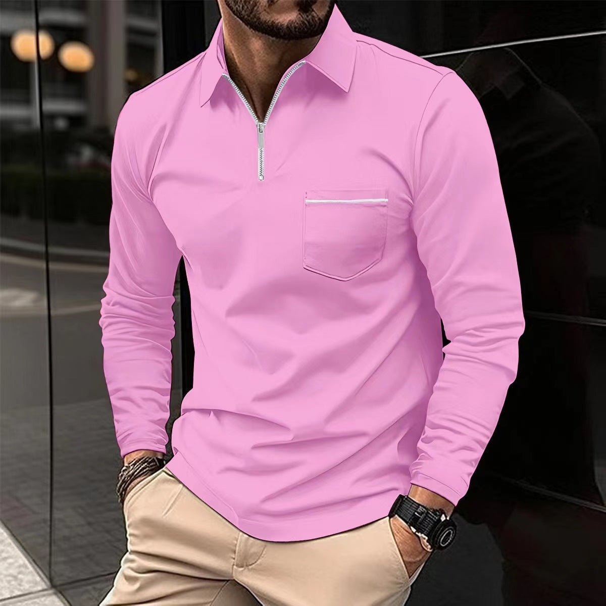 Men's Long-Sleeve Zippered Polo – Elegant Front Pocket