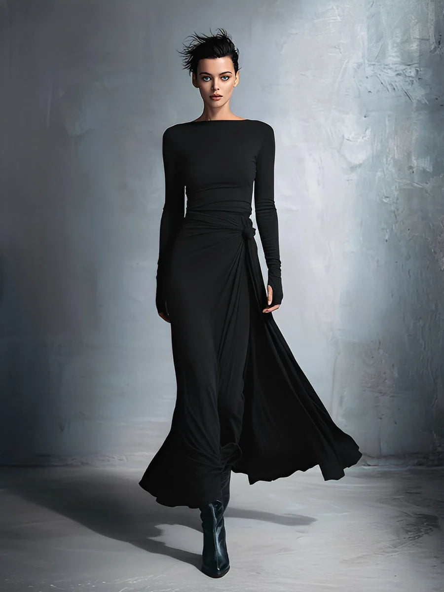 Maxi Wrap Dress for Women – Elegant Bow Detail Long Sleeves