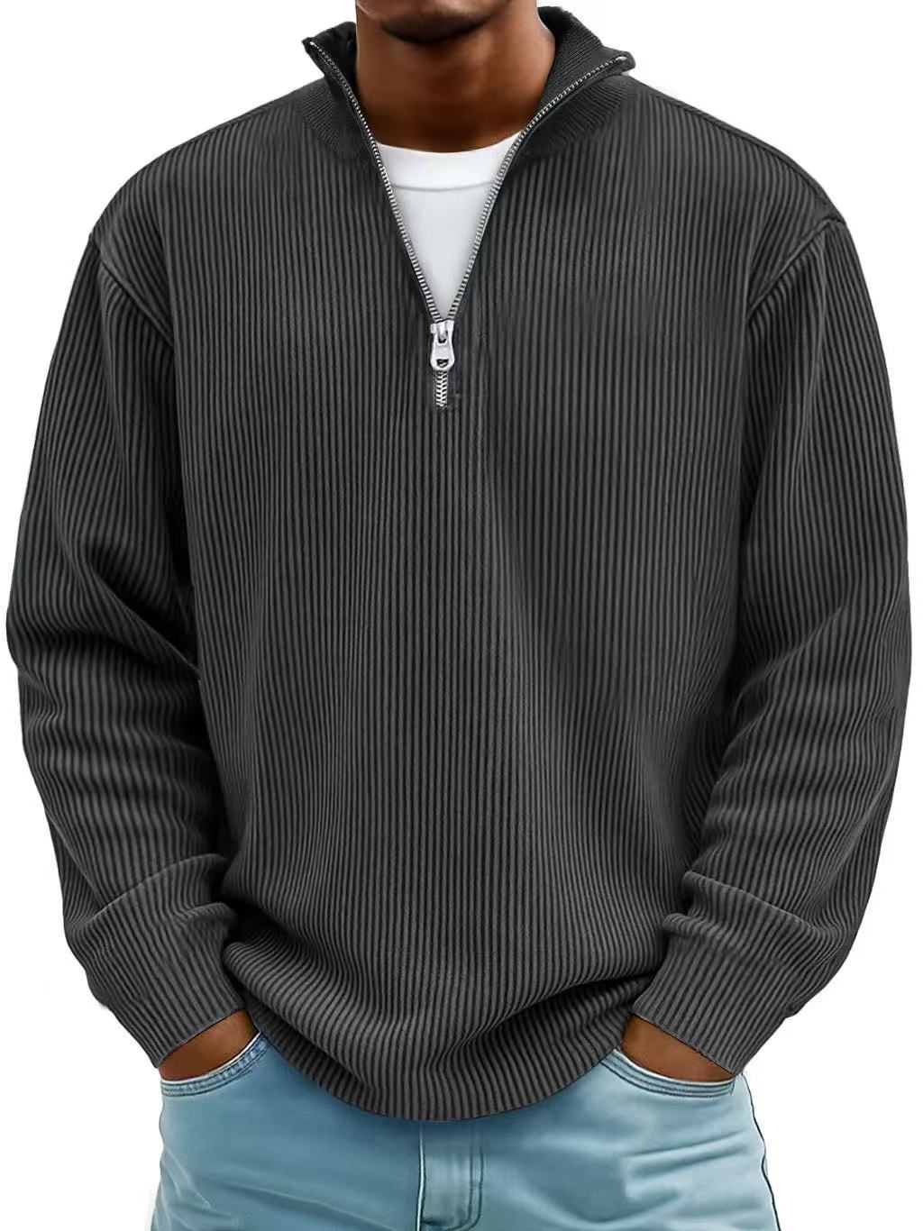 Men's High-Neck Zippered Sweater – Ribbed Knitwear, Versatile Look