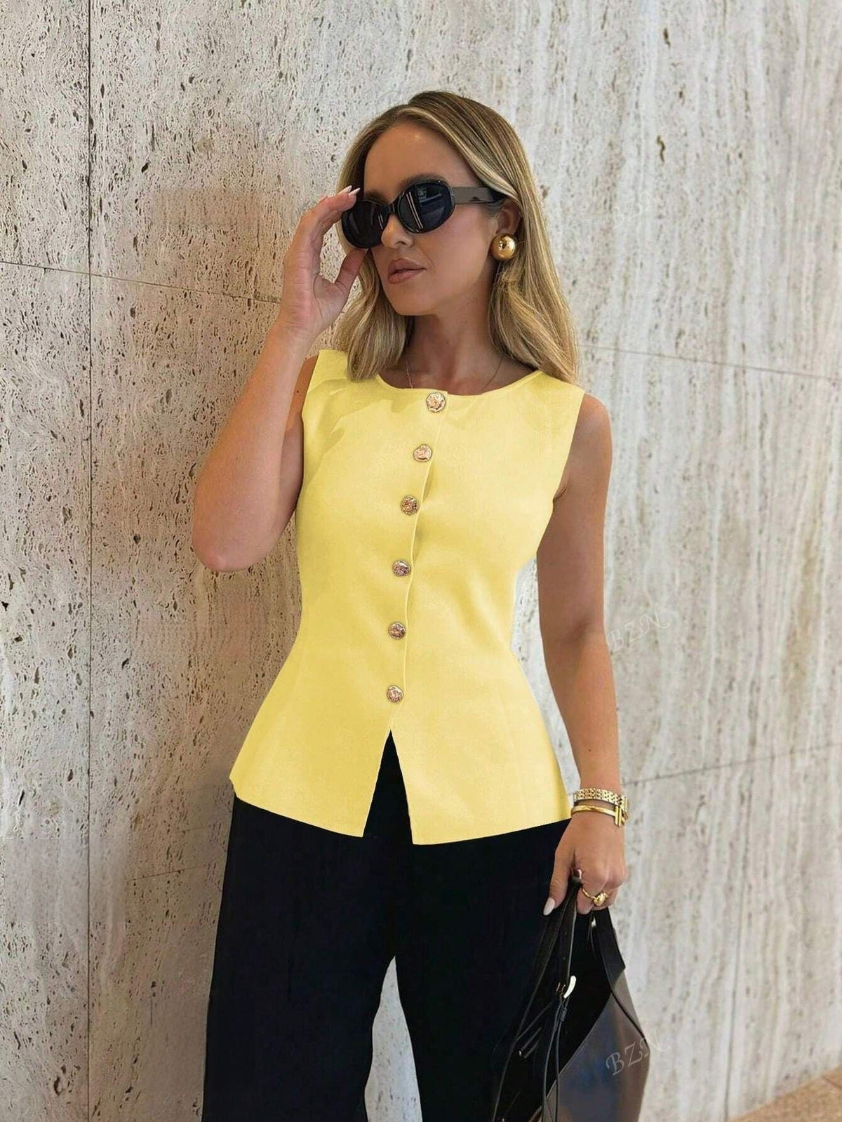Women's Sleeveless Knitted Vest – Metal Buckle and Slit
