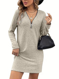 Women's Ribbed Knit Mini Dress – Zipped Neckline, Relaxed Fit