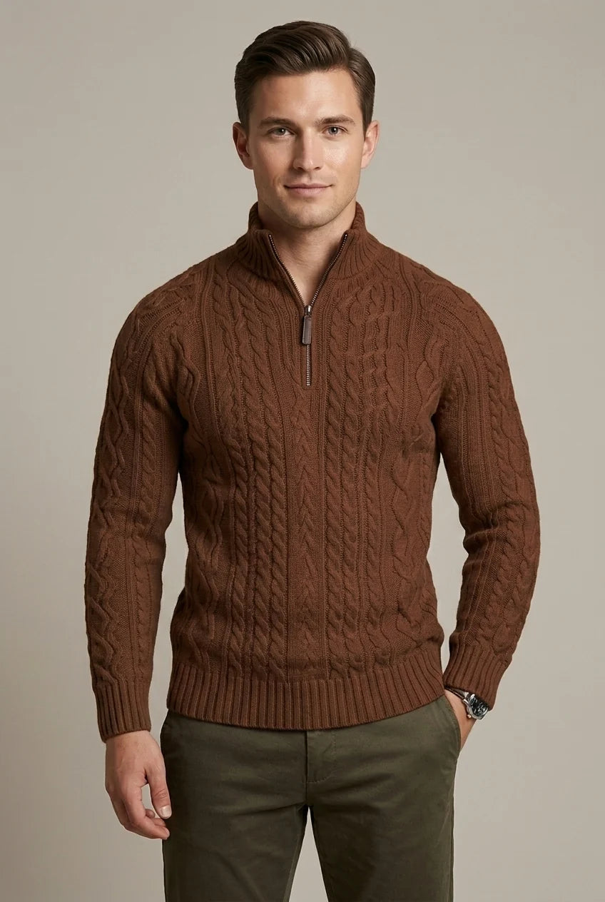 Men's Sweater with Zippered Collar – Thick Cable Knit