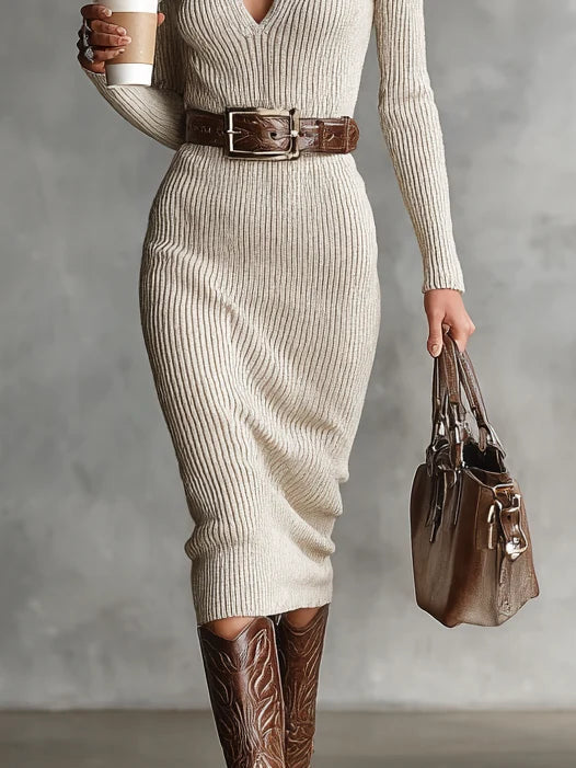 Fitted Midi Dress for Women in Knitwear – Elegant Belted Fit