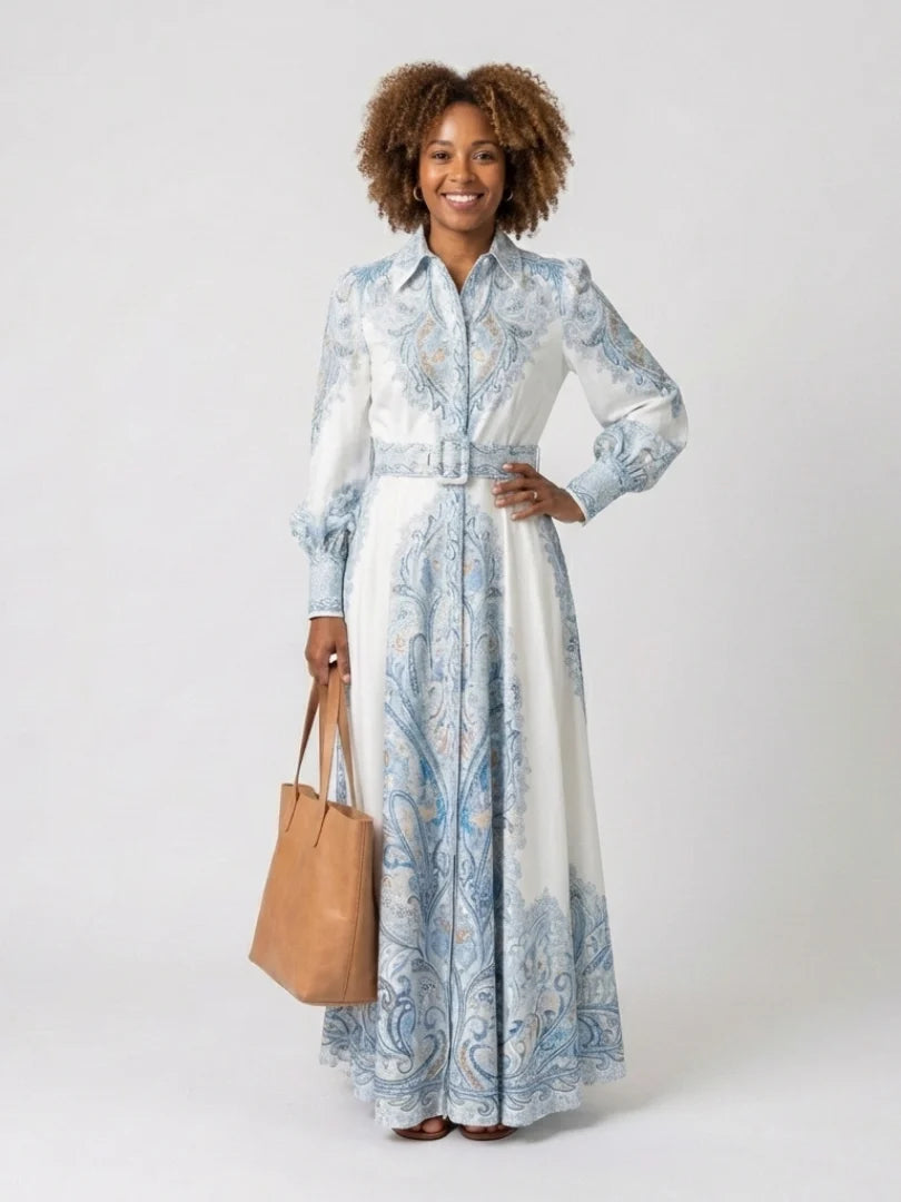 Women's Maxi Printed Dress – Notched Collar, Lantern Sleeves