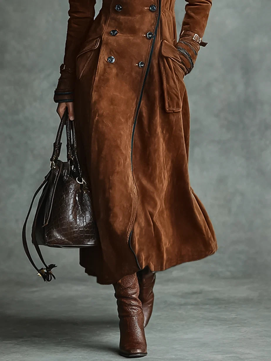 Women's Long Faux Suede Coat – Modern Notched-Collar Silhouette