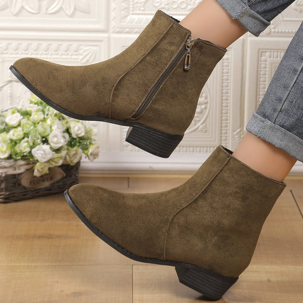Women's Suede Ankle Boots – Block Heel, Side Zip Closure