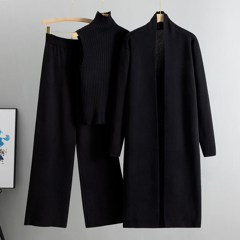 Women's 3-Piece Knitwear Set – Sleeveless Vest, Long Cardigan and Wide-Leg Trousers