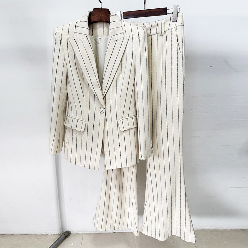 Women's Striped Two-Piece Set – Brushed Suit Jacket and Trousers