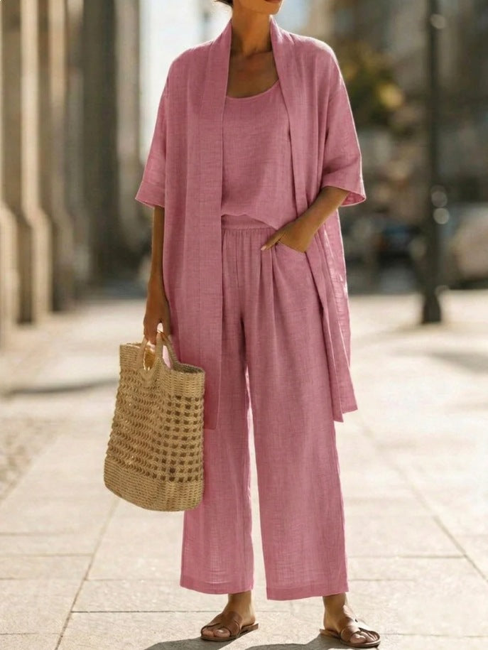 Women's Three-Piece Set – Mid-Length Cardigan, Tank Top and Straight Trousers