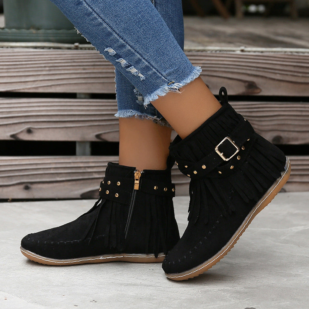Women's Suede Ankle Boots – Casual Fringes & Flat Heel