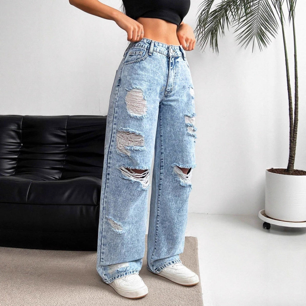 Women's High-Waisted Cotton Jeans – Wide Straight-Leg Distressed Fit
