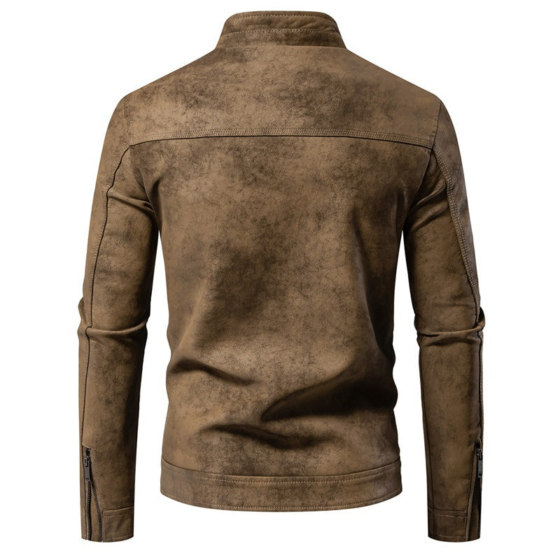 Men's Retro Faux Leather Bomber Jacket – Stand Collar, Relaxed Fit