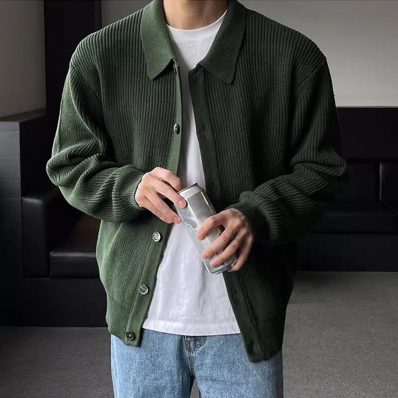 Men's Ribbed Knit Cardigan - Buttoned Relaxed Fit