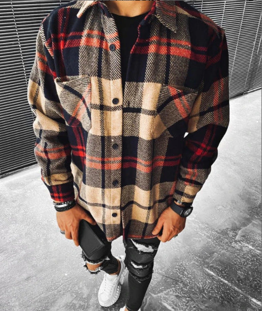 Men's Cotton-Blend Checked Shirt – Long Sleeve, Pocket