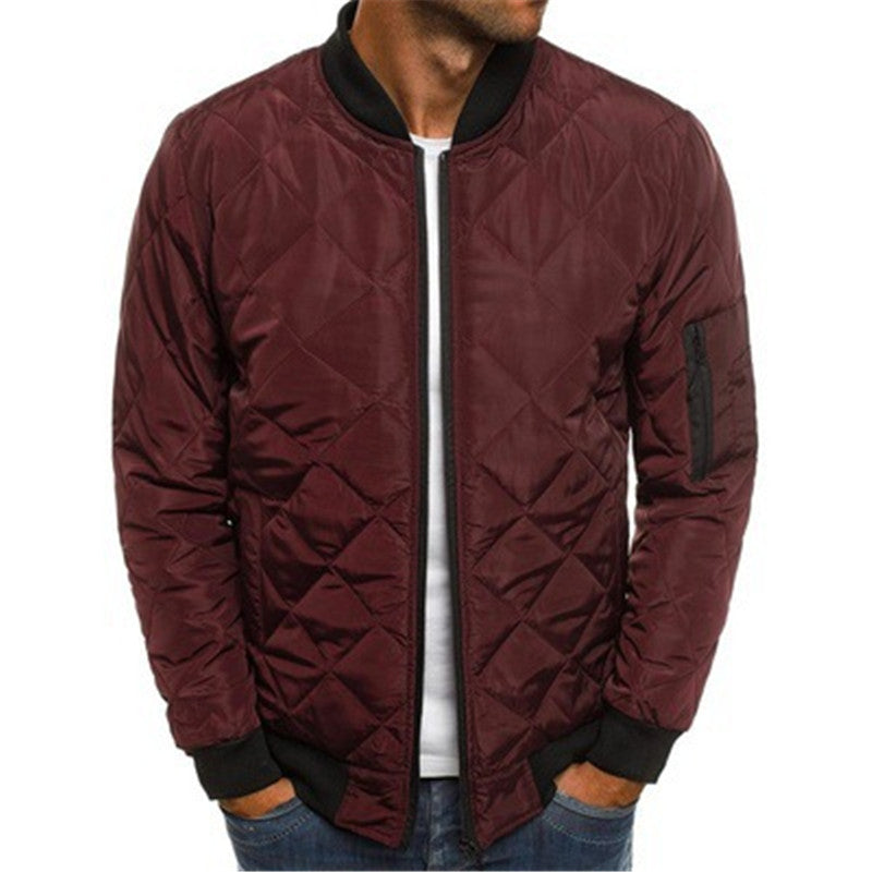 Men's Quilted Bomber Jacket – Stand Collar with Diamond Pattern