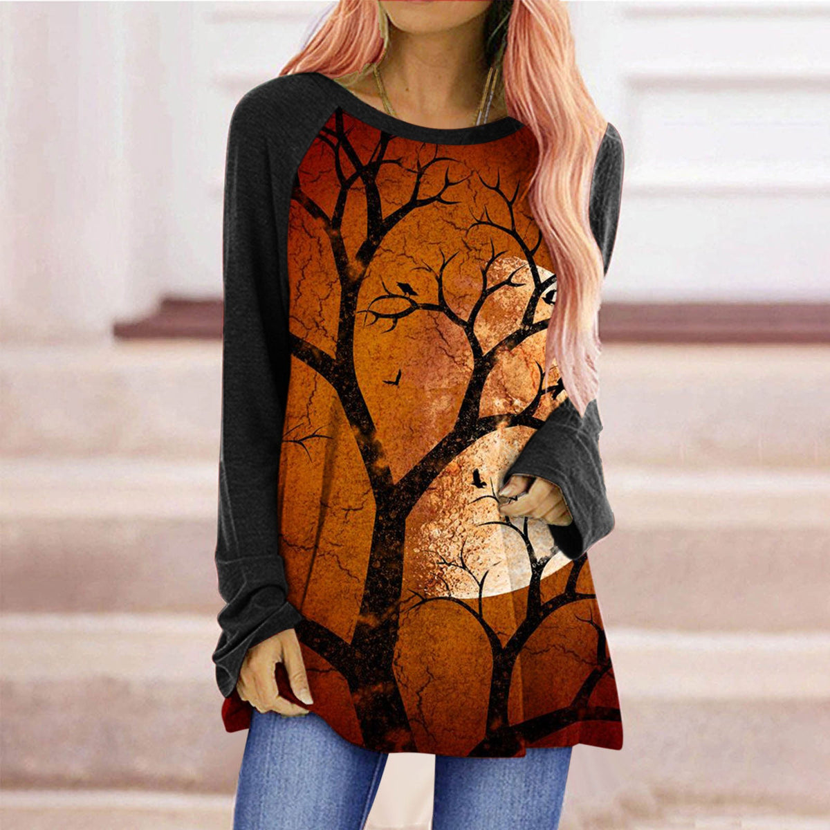 Women's Long-Sleeved Halloween Top - Casual Crew Neck with Graphic Design