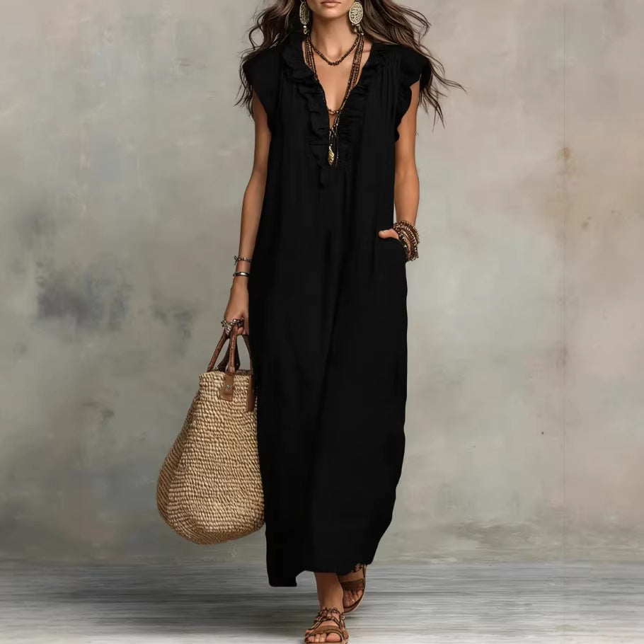 Women's Sleeveless Maxi Dress – Elegant Ruffles and Practical Pockets