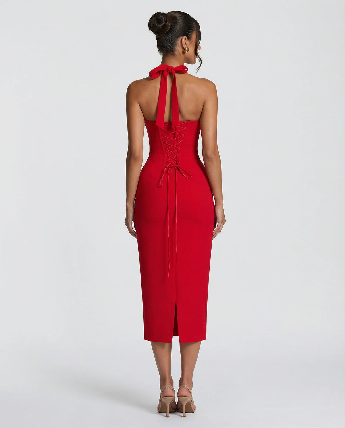 Women's Midi Dress – Halter Neckline, Structured Fit, Back Slit