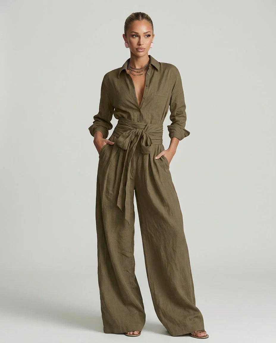 Women's Two-Piece Linen-Cotton Set – Tie Belt, Long Sleeves