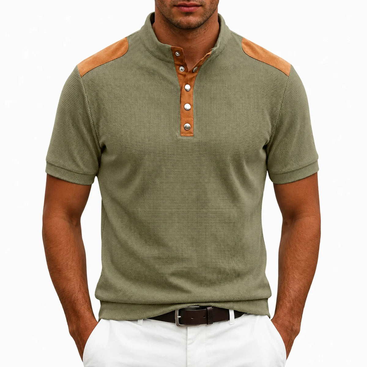 Men's Buttoned Stand-Collar T-shirt – Contrasting Panel Detail