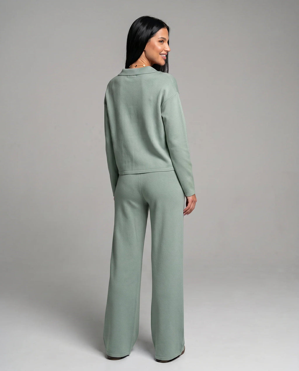 Women's Two-Piece Set – Relaxed V-Neck Top and Wide-Leg Trousers