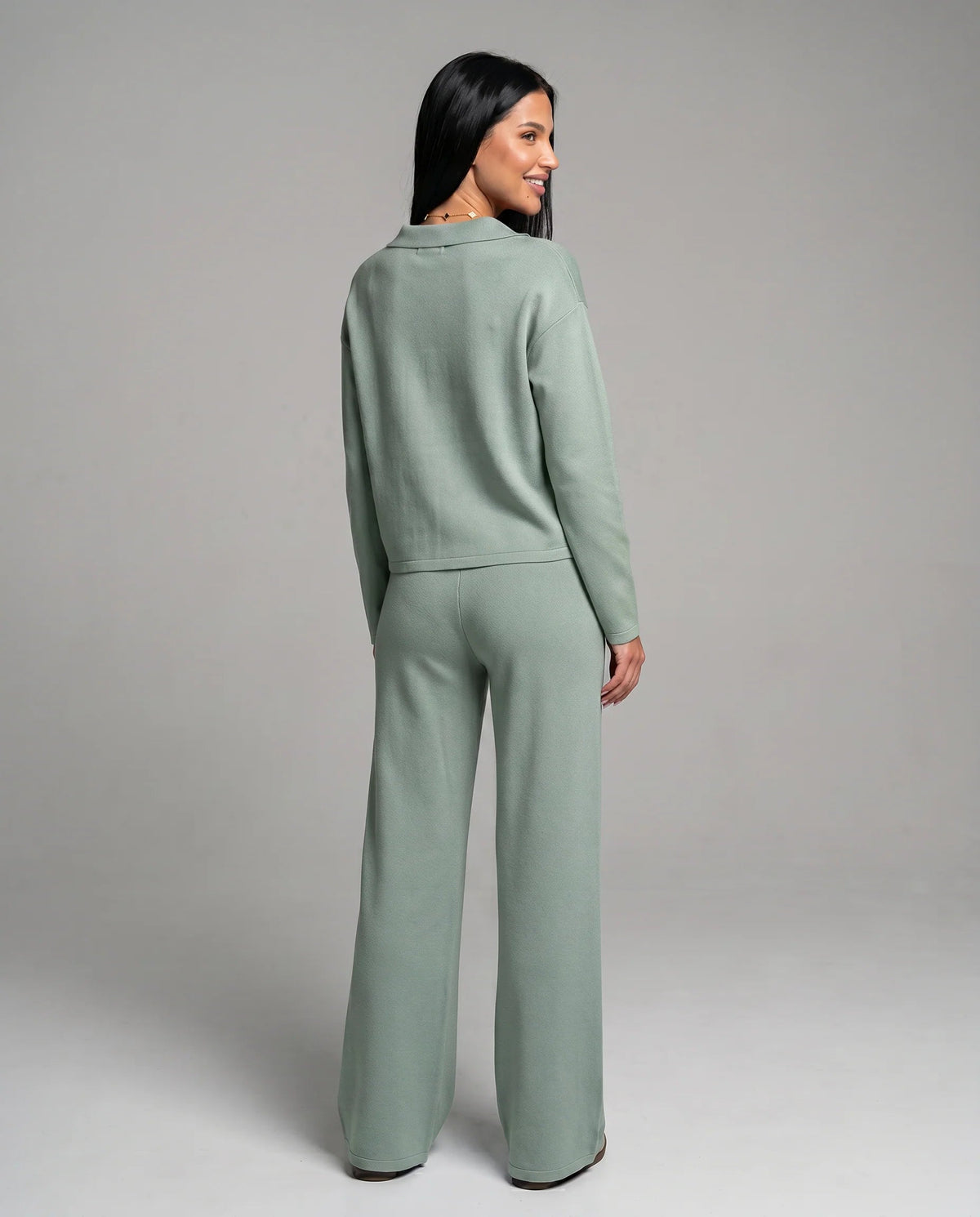 Women's Two-Piece Set – Relaxed V-Neck Top and Wide-Leg Trousers