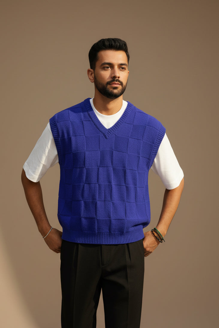 Men's Knitwear Vest – V-Neck Sleeveless Plaid Pattern
