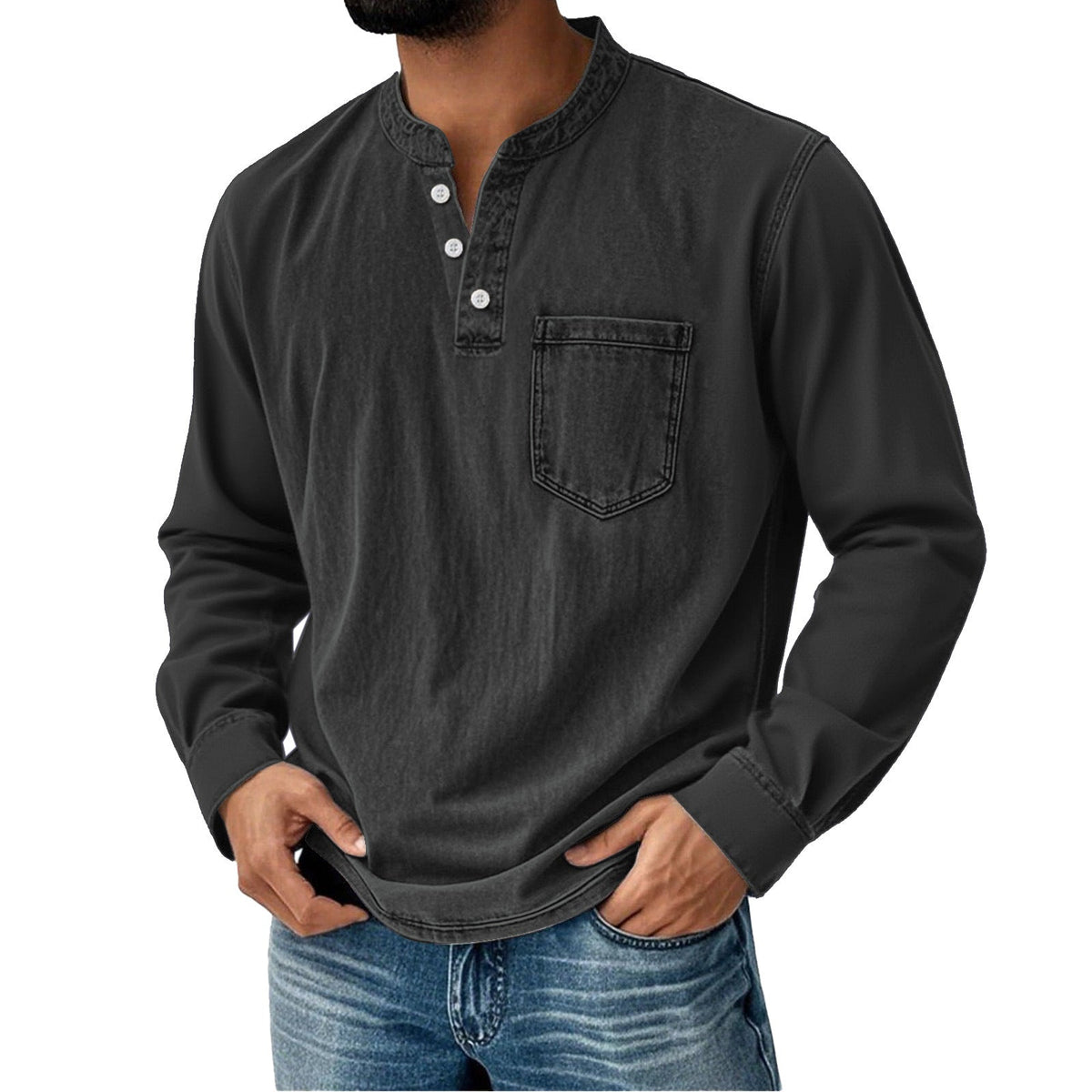 Long-Sleeve Men's Henley – Slim Fit with Three Buttons