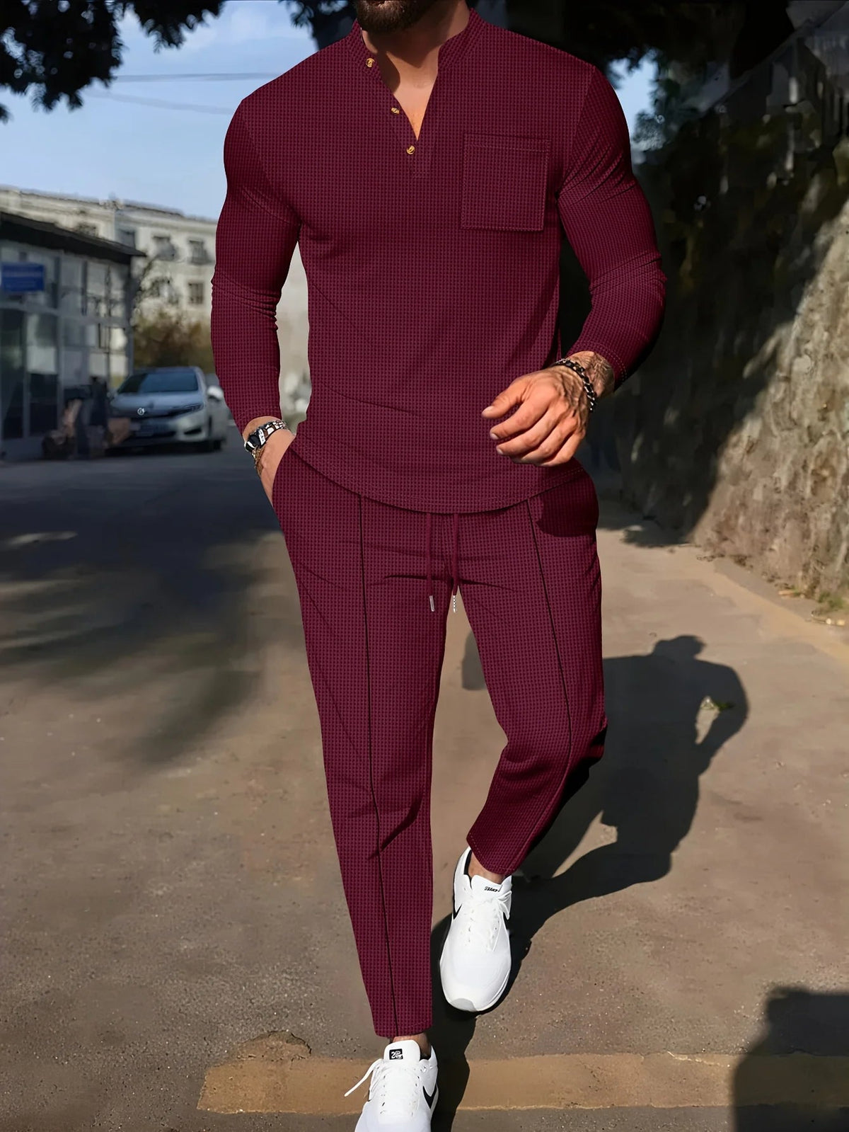 Men's Two-Piece Waffle Set – Henley Top & Casual Trousers