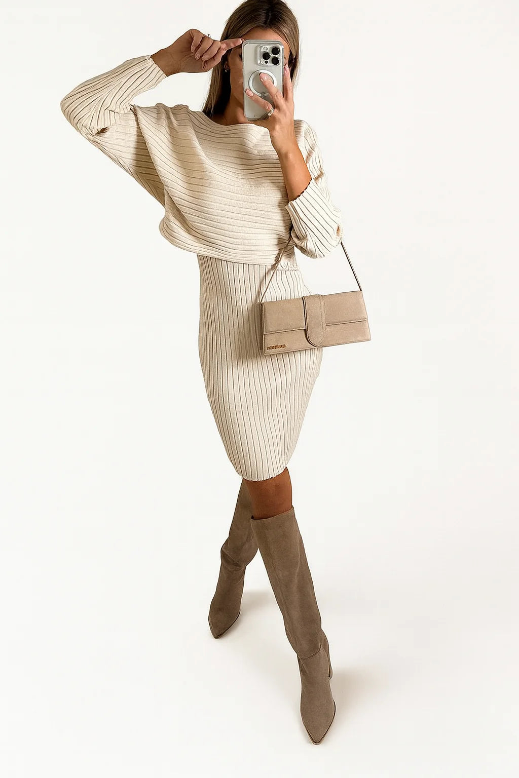 Women's Two-Piece Set with Midi Skirt – Plain Textured Fabric