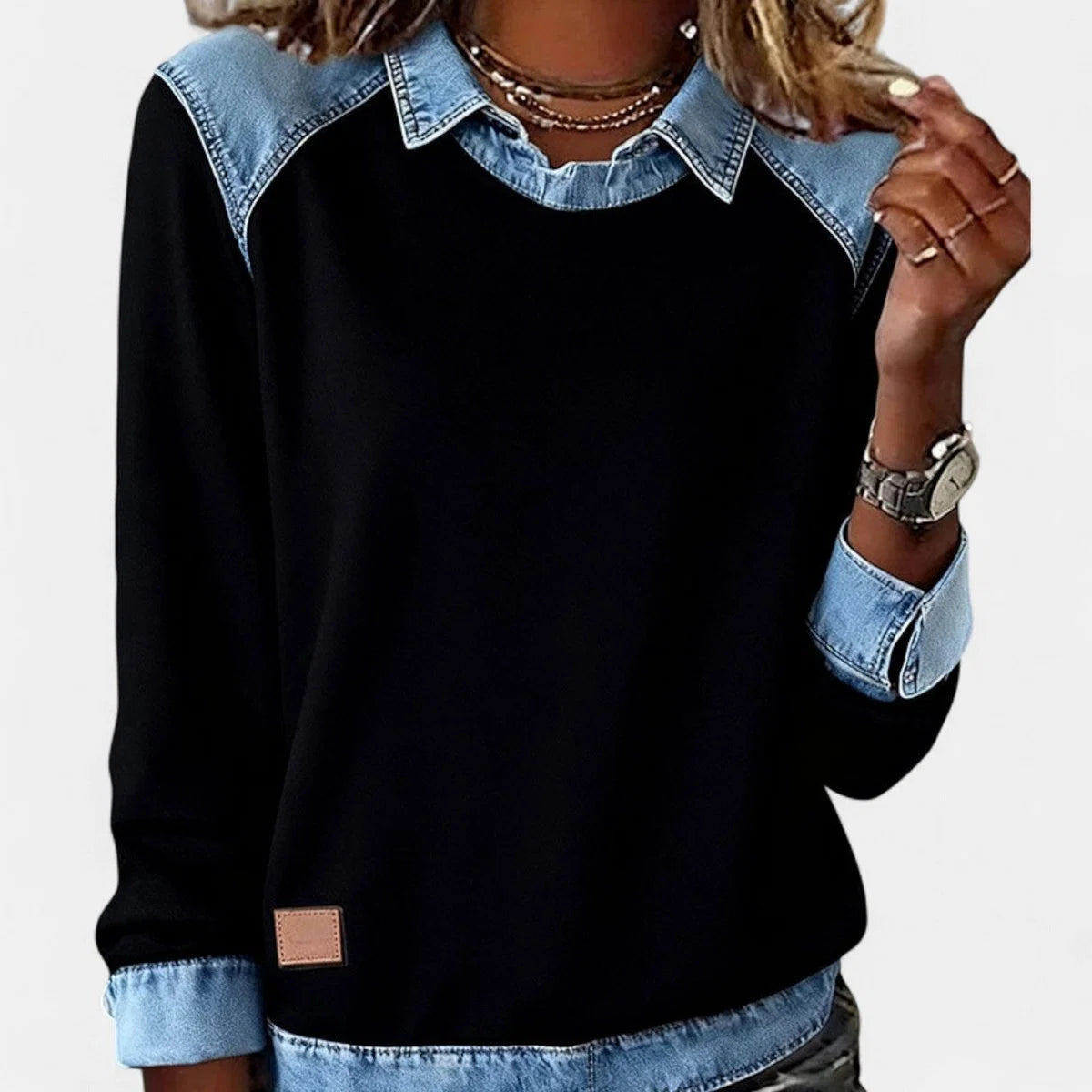 Women's Knit Sweater – Contrasting Denim Shirt Collar