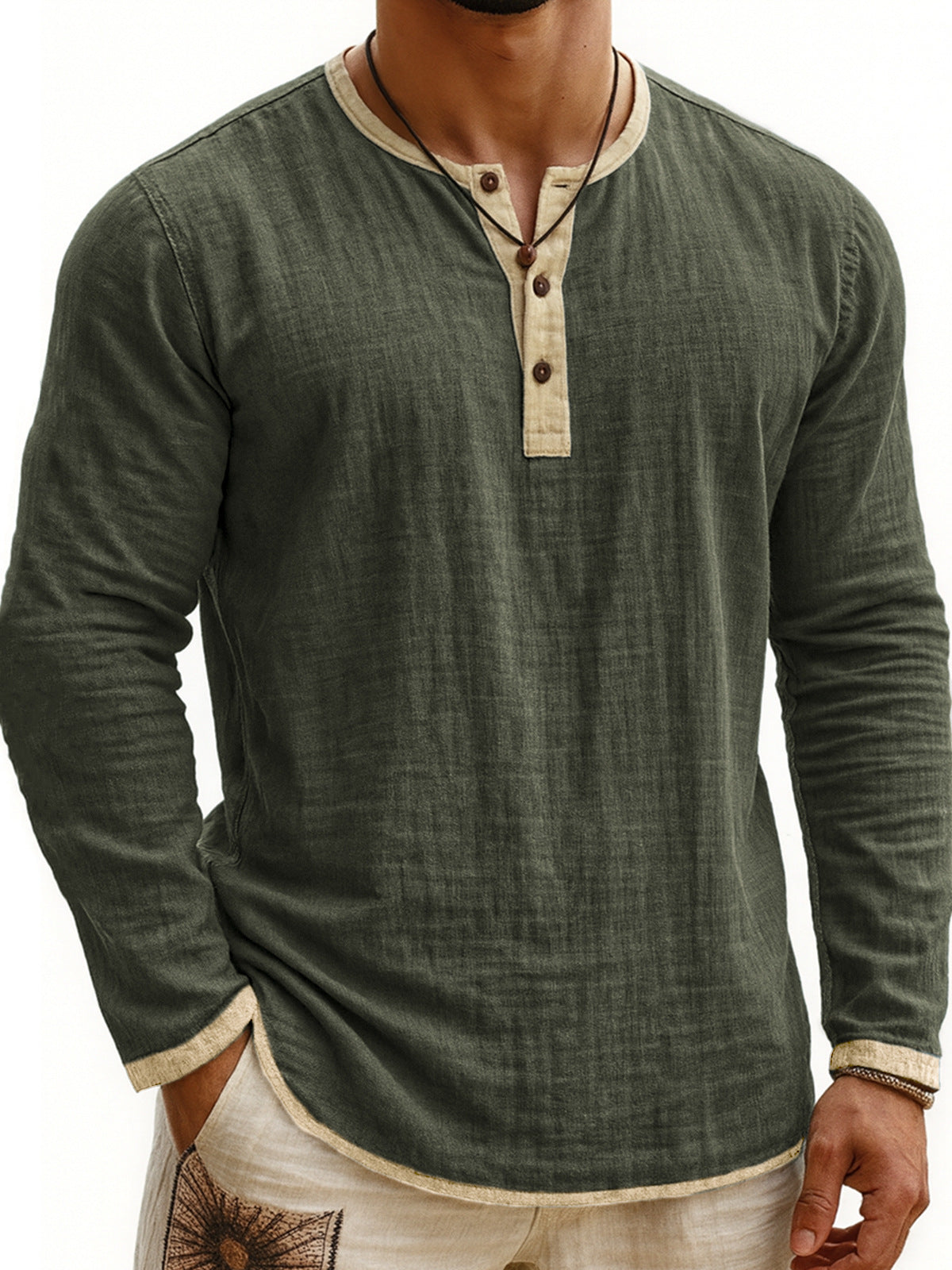 Long-Sleeve Men's Henley – Slim Fit Buttoned Collar