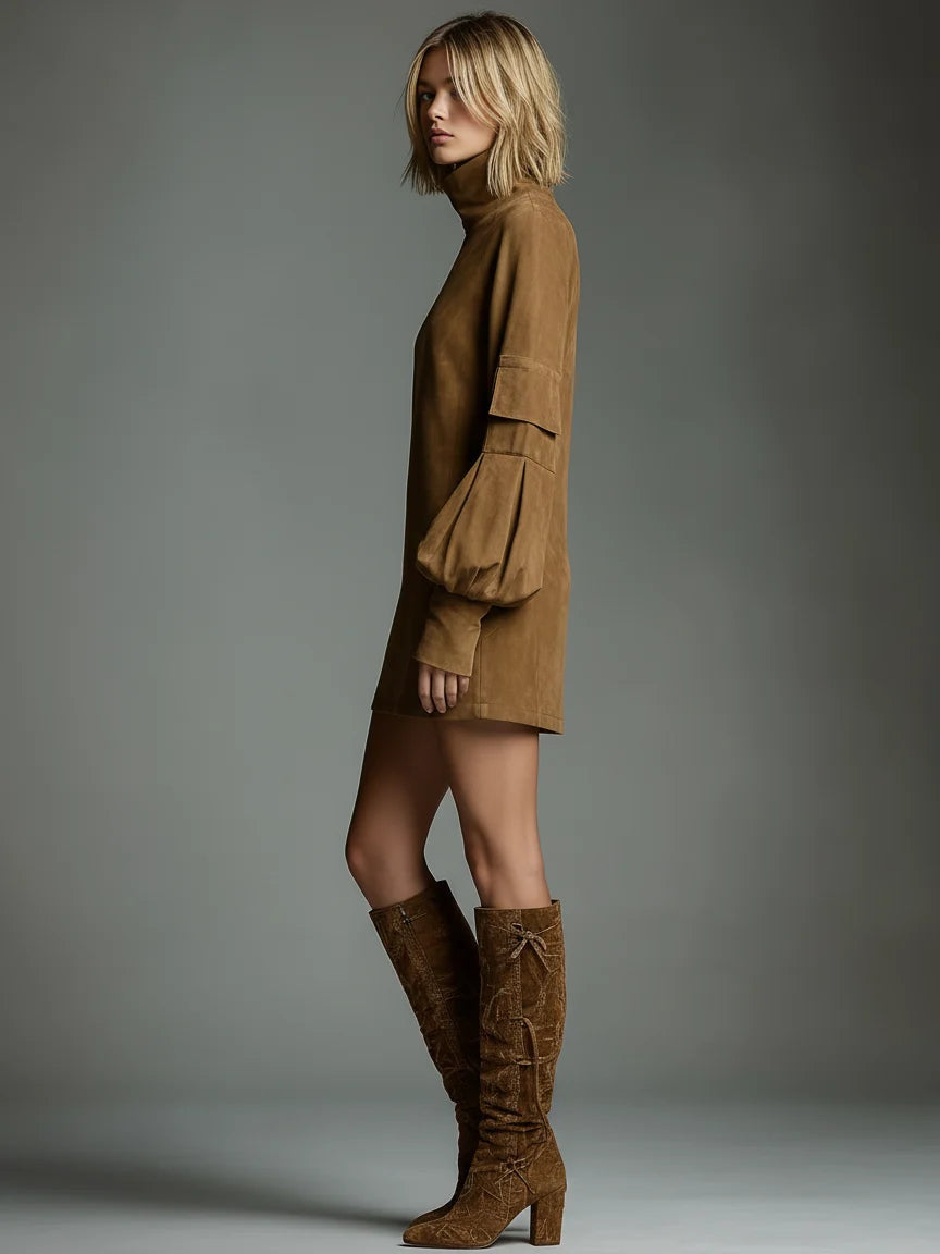 Mini Dress for Women with High Neck and Long Sleeves – Casual Fit