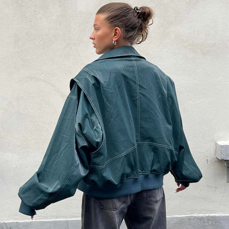 Women's Motorcycle Jacket – Loose Fit with Zipped Lapel Collar