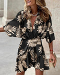 Women's Mini Dress – Puff Sleeves, V-Neckline, Asymmetrical Hem